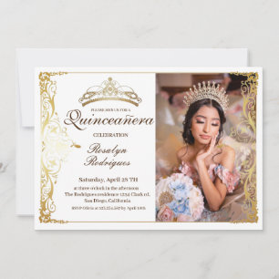 Quinceanera White Gold Beauty Photo Quinceanera  Invitation