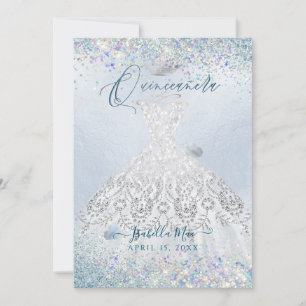 Quinceanera White Gold Dusty Blue Glitter Gown Invitation