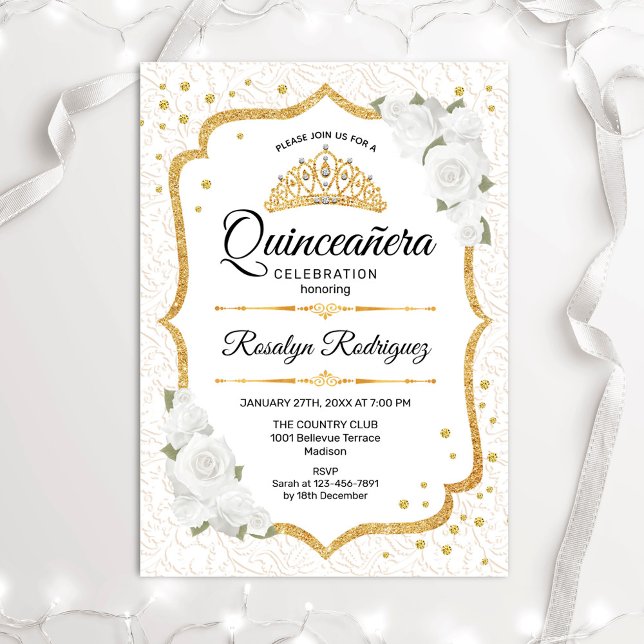Quinceanera - White Gold Floral Invitation (Creator Uploaded)