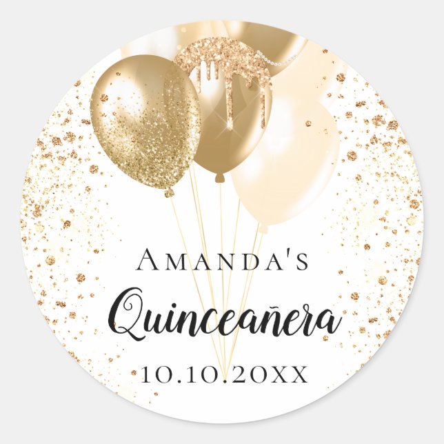 Quinceanera white gold glitter balloons name classic round sticker (Front)