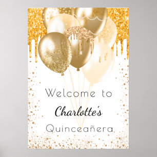 Quinceanera white gold glitter balloons welcome poster