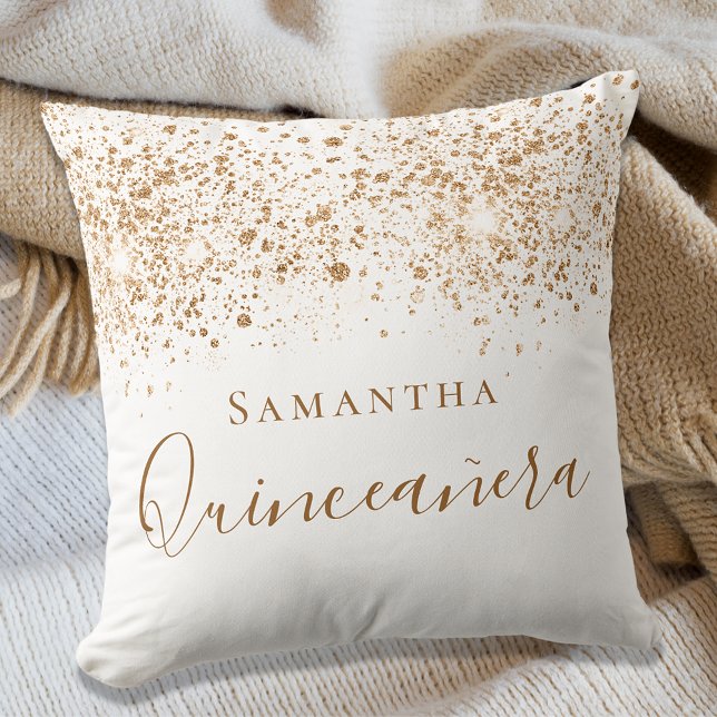 Quinceanera white gold glitter dust monogram  cushion (Creator Uploaded)