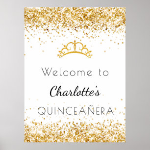 Quinceanera white gold glitter dust tiara welcome poster