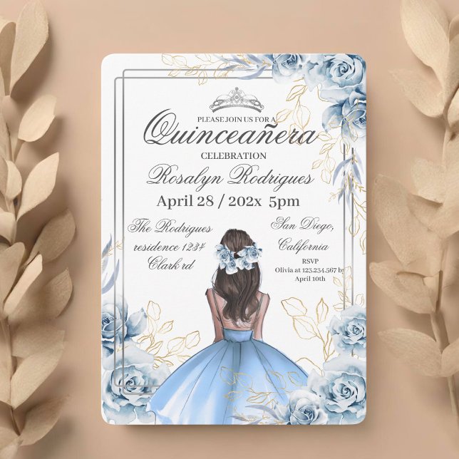  Quinceañera - White Gold Navy Blue Invitation (Creator Uploaded)