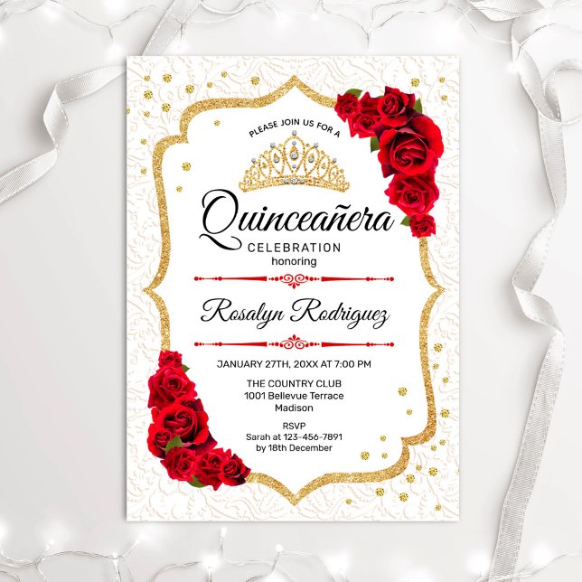 Quinceanera - White Gold Red Roses Invitation (Creator Uploaded)
