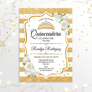 Quinceanera - White Gold Stripes Invitation