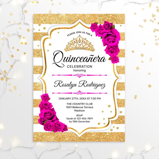 Quinceanera - White Gold Stripes Pink Invitation (Creator Uploaded)
