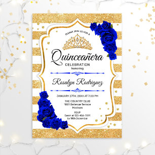 Quinceanera - White Gold Stripes Royal Blue Invitation