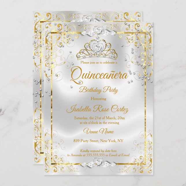 Quinceanera White Gold Tiara Diamond Hearts Invitation (Front/Back)