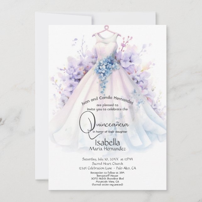 Quinceañera | White Gown Purple and Blue FLowers Invitation (Front)