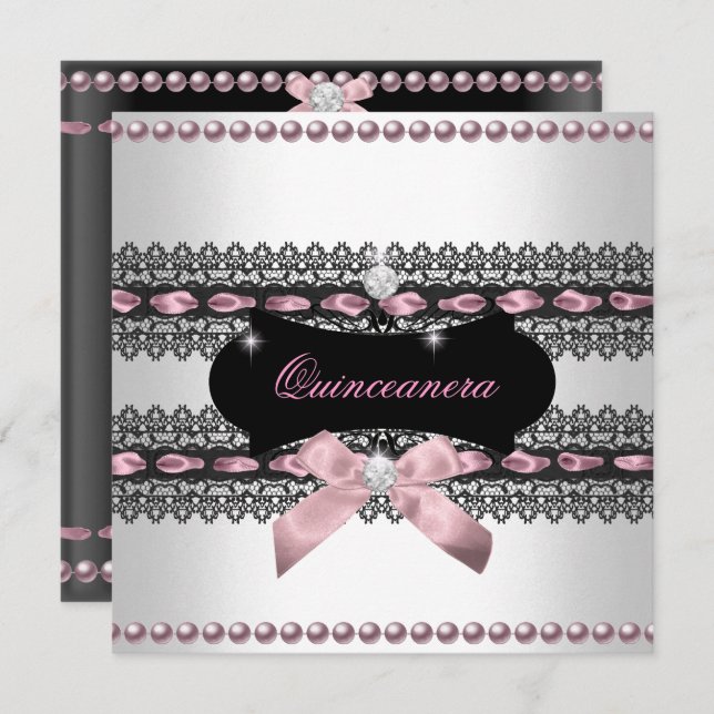 Quinceanera White Pink Black Lace Pearl Invitation (Front/Back)