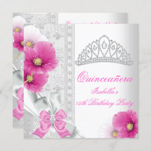 Quinceañera White Pink Floral Diamond Tiara Invitation