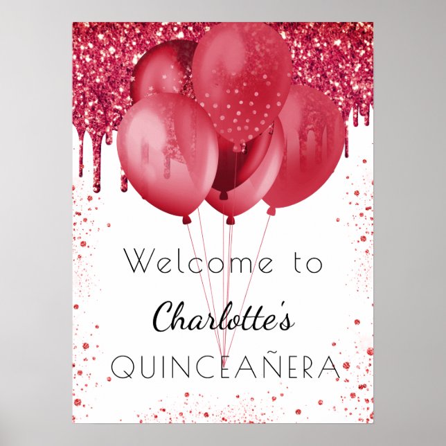 Quinceanera white red glitter welcome balloons poster (Front)