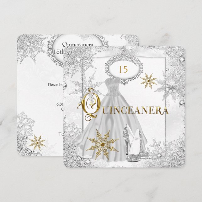 Quinceanera White Silver Snowflakes Tiara Invitation (Front/Back)
