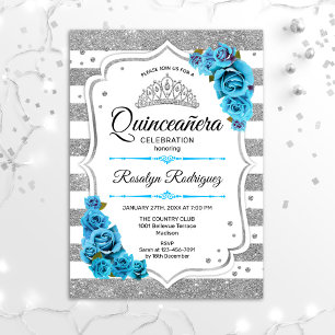 Quinceanera - White Silver Stripes Blue Invitation
