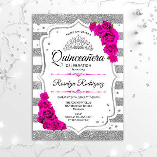 Quinceanera - White Silver Stripes Hot Pink Invitation