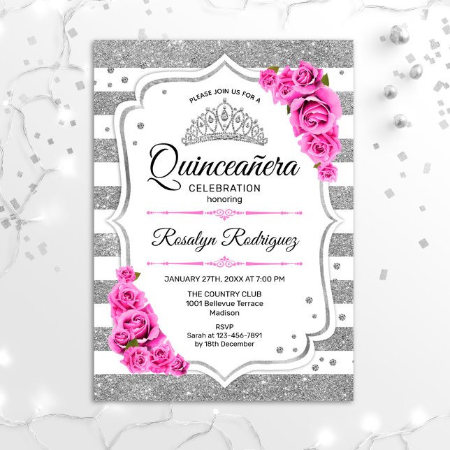 Quinceanera - White Silver Stripes Pink Invitation (Creator Uploaded)