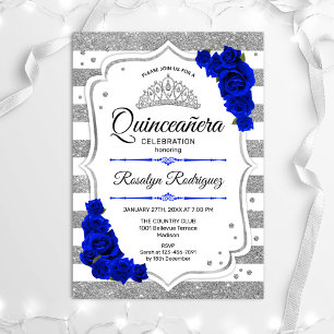 Quinceanera - White Silver Stripes Royal Blue Invitation
