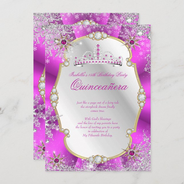 Quinceanera Winter Wonderland Hot Pink Gold Silver Invitation (Front/Back)