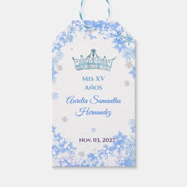 Quinceañera Winter Wonderland Recuerdo Gift Tags (Front)