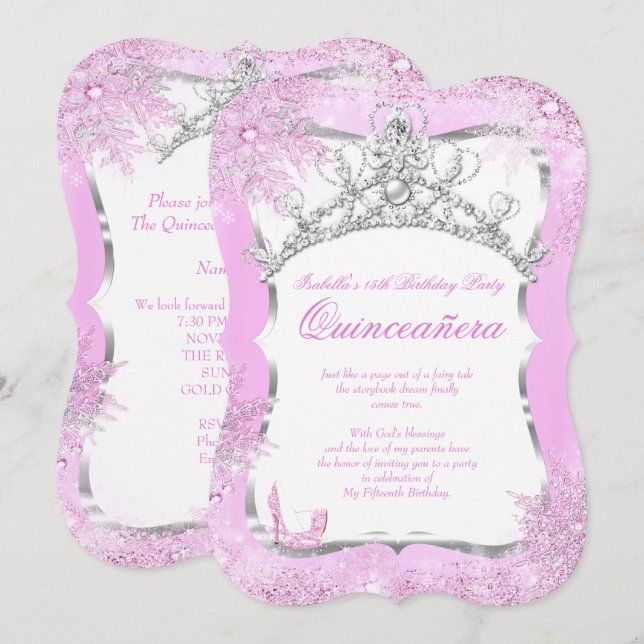 Quinceanera Winter Wonderland Silver Pink Heels 2 Invitation (Front/Back)
