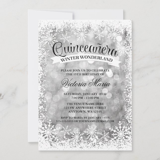 Quinceanera Winter Wonderland Silver Sparkle Invitation (Front)