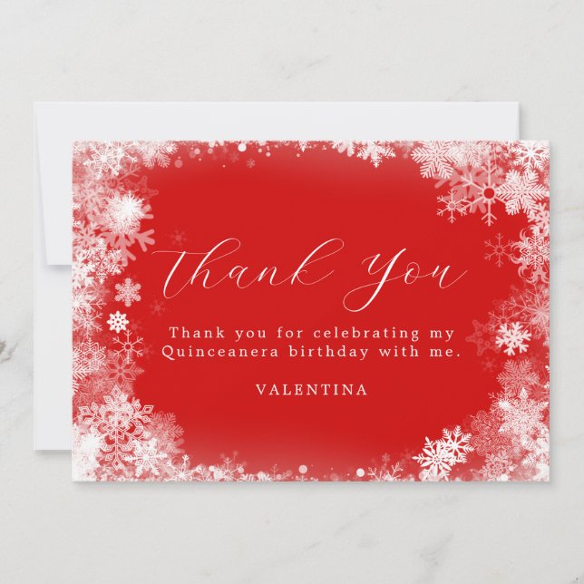 Quinceanera Winter Wonderland Snowflake Red Thank You Card (Front)