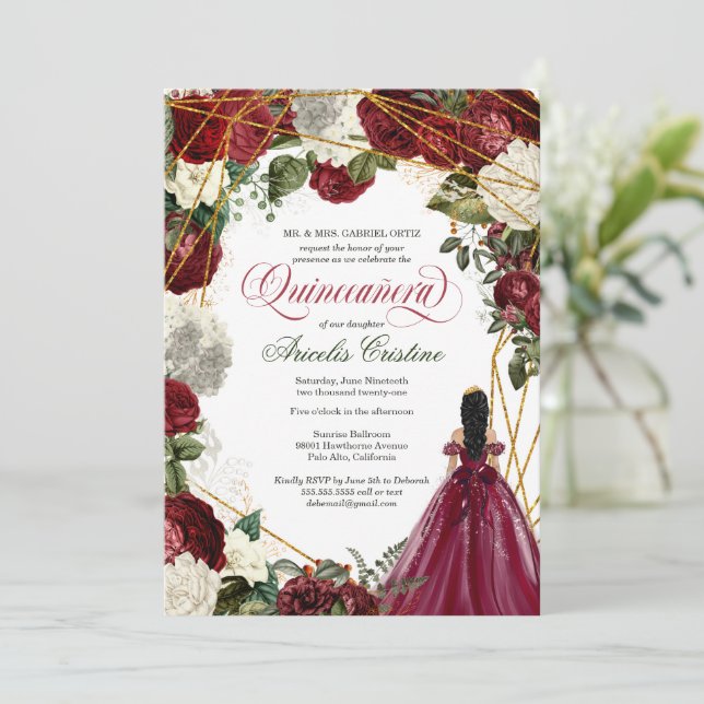Quinceanera with elegant gown and burgundy florals invitation (Standing Front)