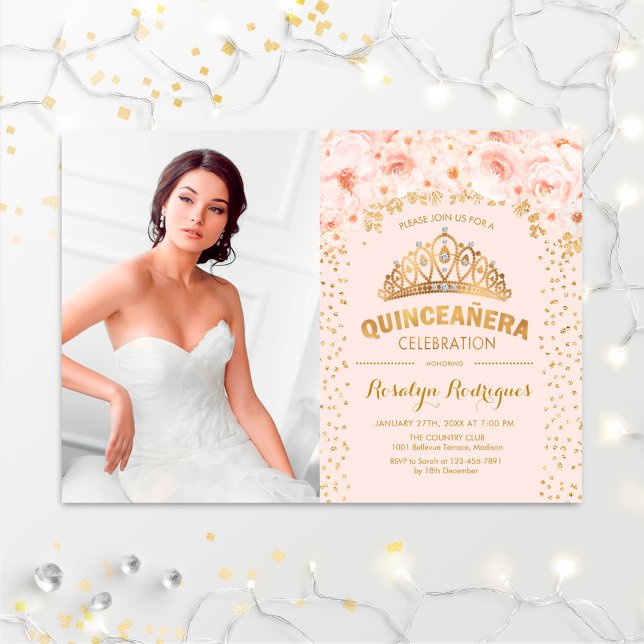 Quinceanera With Photo - Gold Blush Pink Invitation (Creator Uploaded)