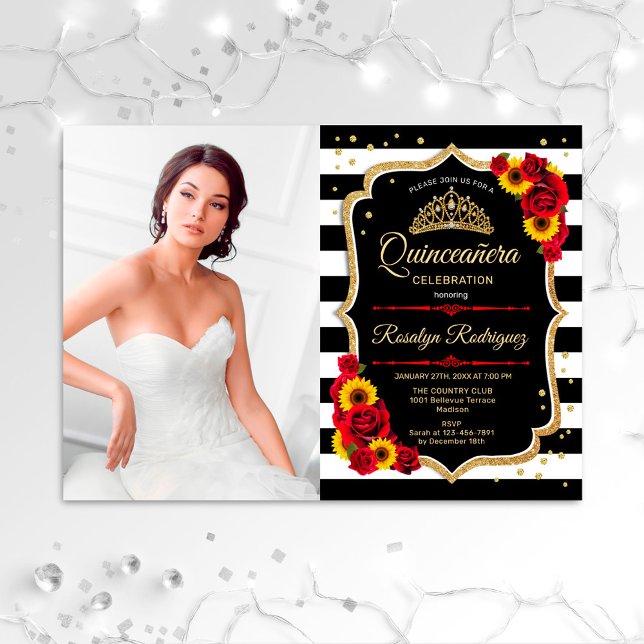 Quinceanera With Photo - Red Roses Sunflowers Invitation (Creator Uploaded)