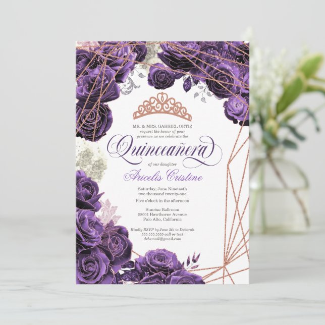 Quinceañera with Regal Purple and Rose Gold Tiara Invitation (Standing Front)
