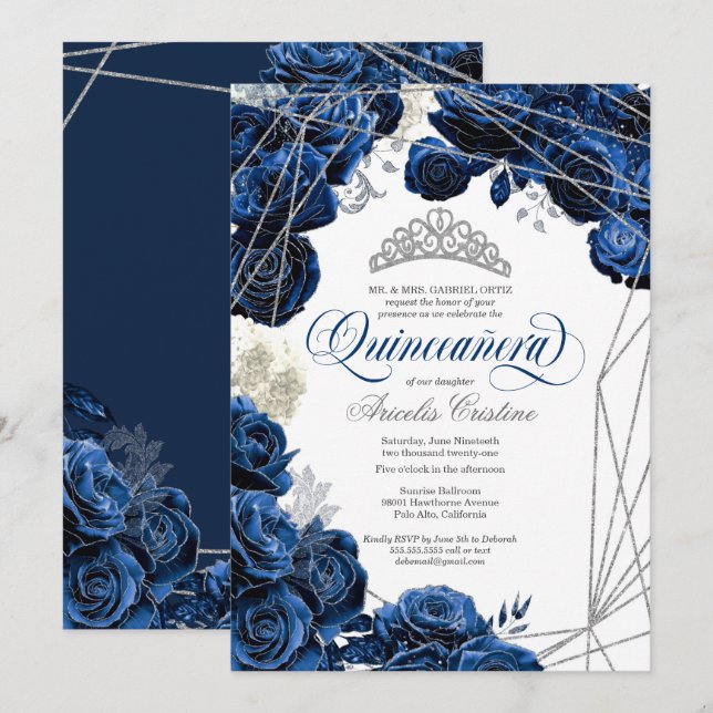 Quinceañera with Royal Navy Blue Roses and Tiara   Invitation (Front/Back)