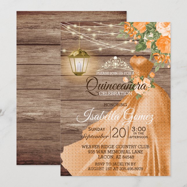 Quinceañera Wood and Orange Flowers Invitation (Front/Back)