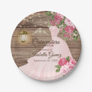 Quinceañera Wood and Pink Mauve Flowers Paper Plate