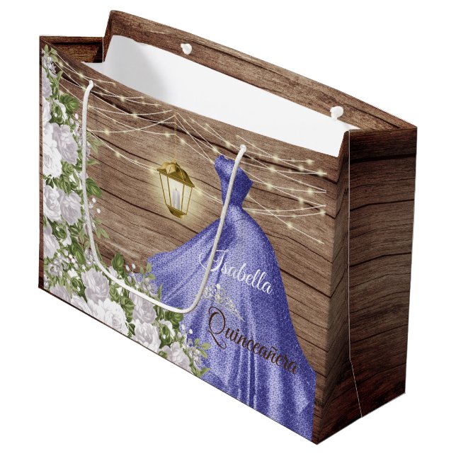 Quinceañera Wood and Purple Flowers Large Gift Bag (Front Angled)