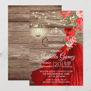 Quinceañera Wood and Red Flowers Invitation