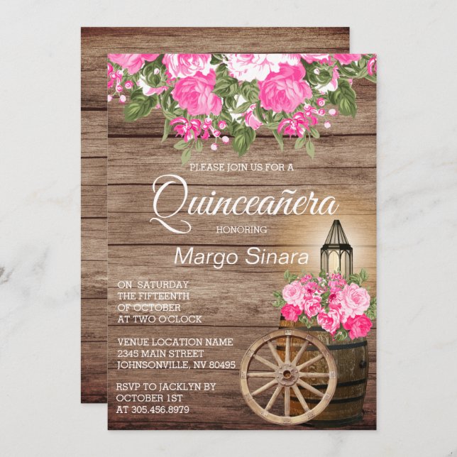 Quinceañera Wood Barrel and Pink Flowers Invitation (Front/Back)