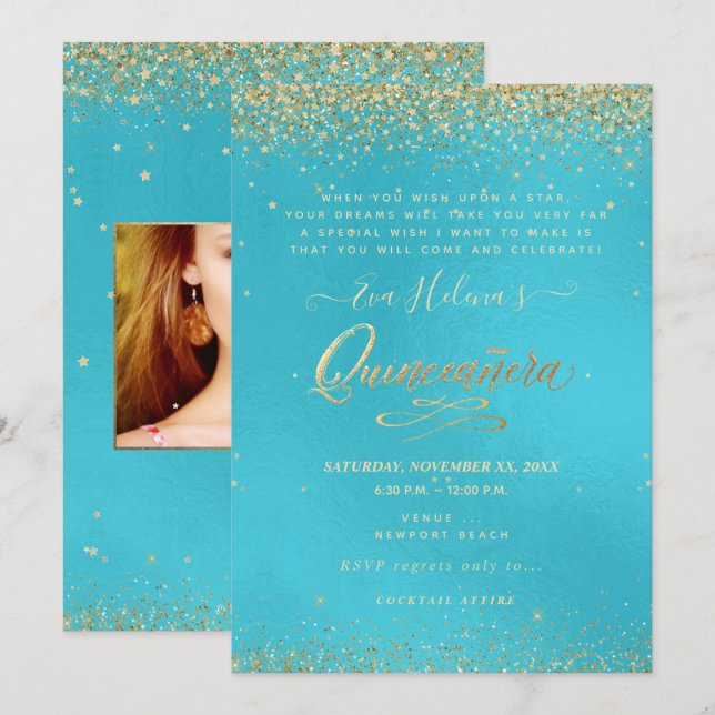 Quinceañera, Written in the Star, DIY Aqua Blue Invitation (Front/Back)