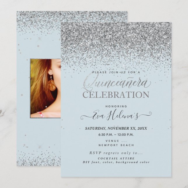 Quinceañera, Written in the Star, DIY Dusty Blue Invitation (Front/Back)