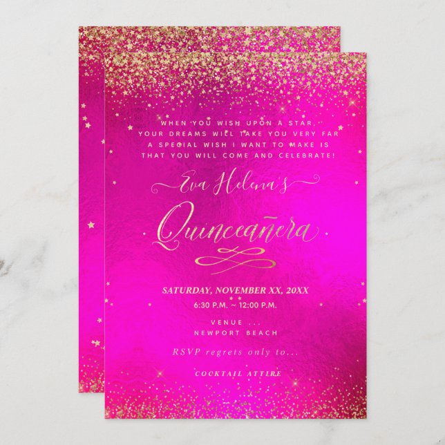 Quinceañera, Written in the Star, Hot PInk Invitation (Front/Back)