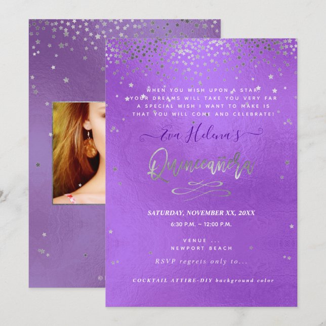 Quinceañera , Written in the Stars, DIY Purple Invitation (Front/Back)