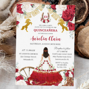 Quinceañera XV 15 Charro Red White Floral Horses Invitation