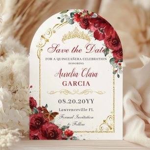 Quinceañera XV 15 Red Floral Butterflies Birthday Save The Date