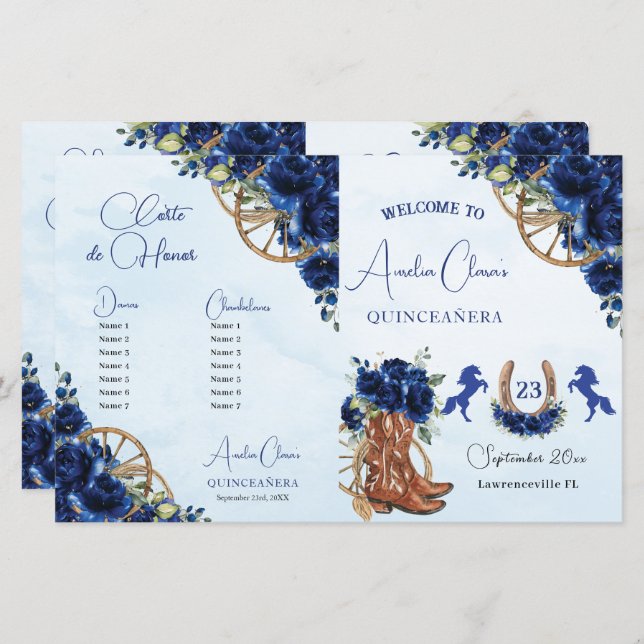Quinceañera XV 15 Royal Blue Floral Charro Program (Front/Back)
