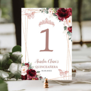 Quinceañera XV 16 Burgundy Blush Floral Rose Gold  Table Number