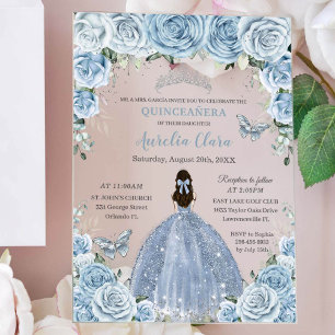 Quinceañera XV Baby Blue Floral Princess Silver Acrylic Invitations