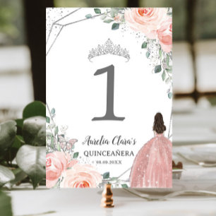 Quinceañera XV Birthday Blush Pink Floral Princess Table Number