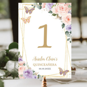 Quinceañera XV Birthday Blush Purple Lilac Floral Table Number