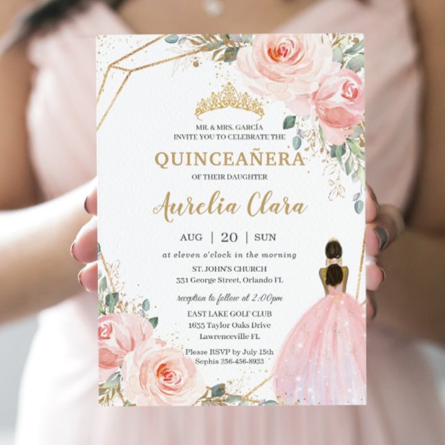 Quinceañera XV Blush Pink Floral Brown Princess Invitation (Creator Uploaded)