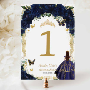 Quinceañera XV Navy Blue Floral Gold Girl Dress  Table Number